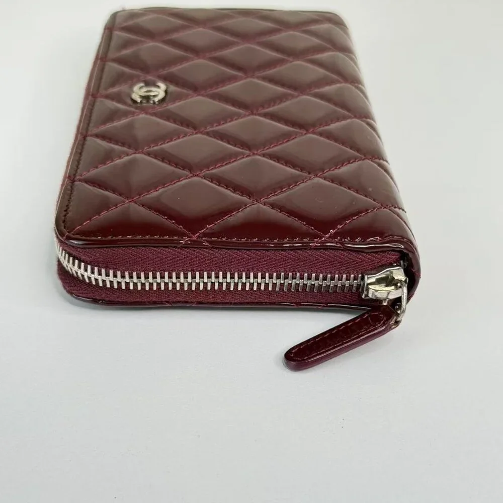 Chanel Burgundy Patent Leather Wallet with Classic Quilted Design